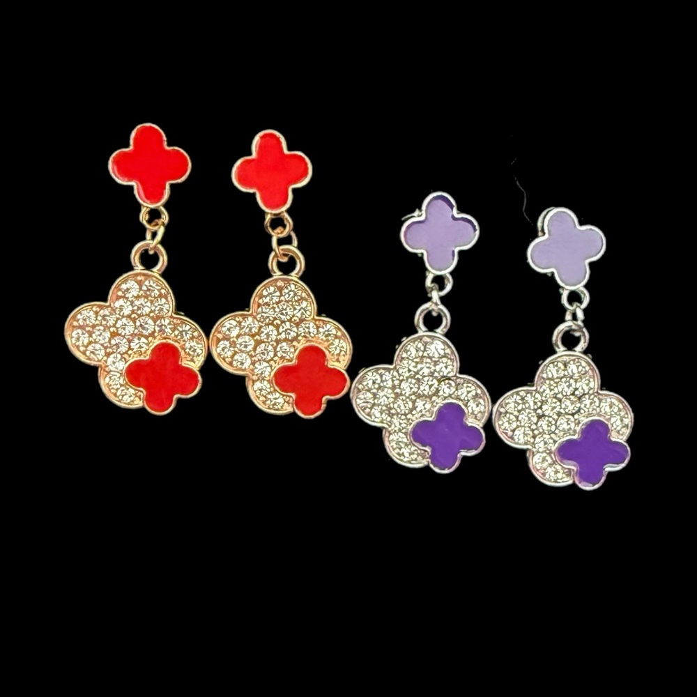 ✨ Red & Blue Clover Drop Earrings | Sparkling Statement Jewelry ✨